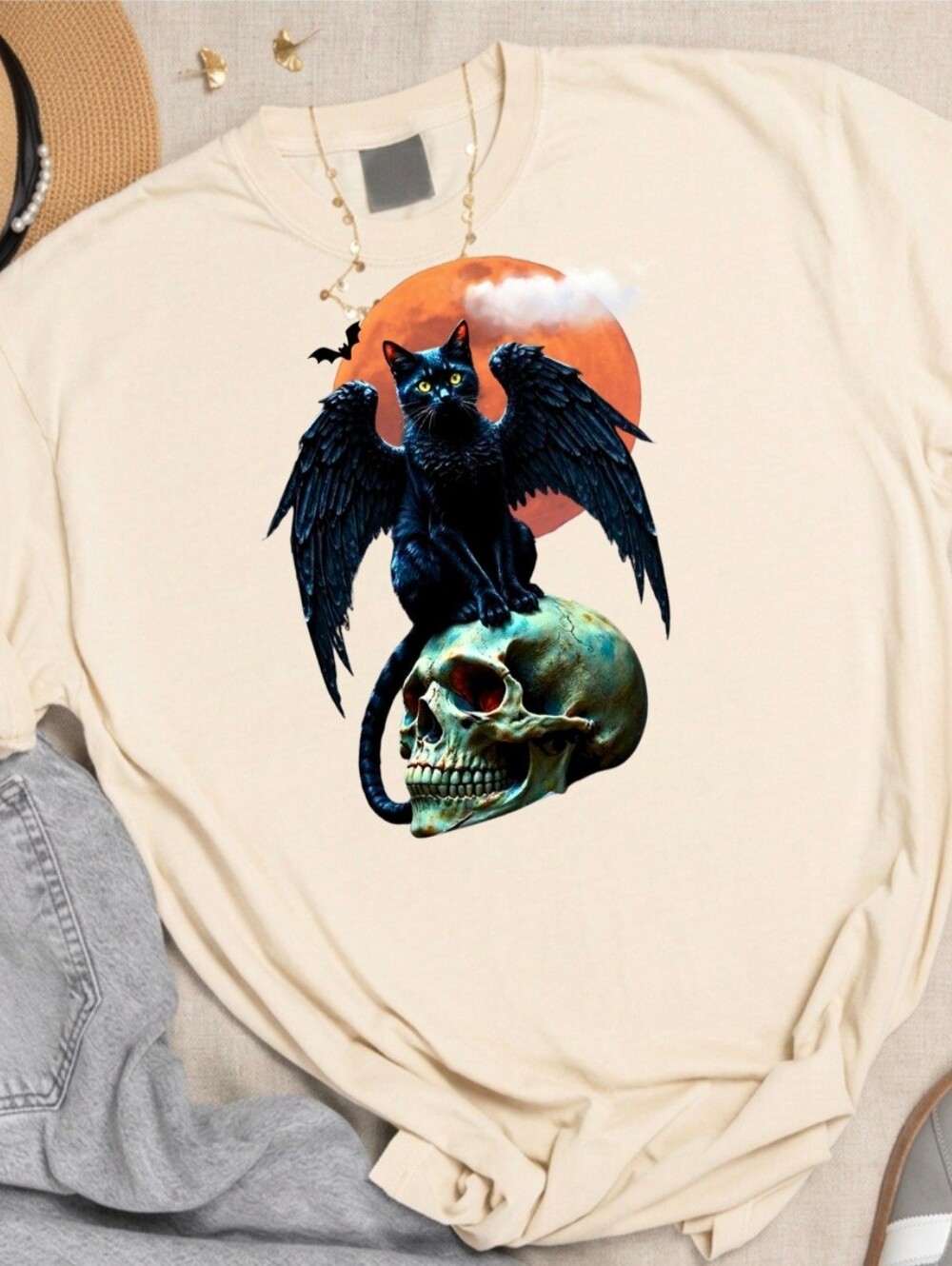 Gothic Cat Skull T-Shirt - Handmade Crystals Design ✨💀